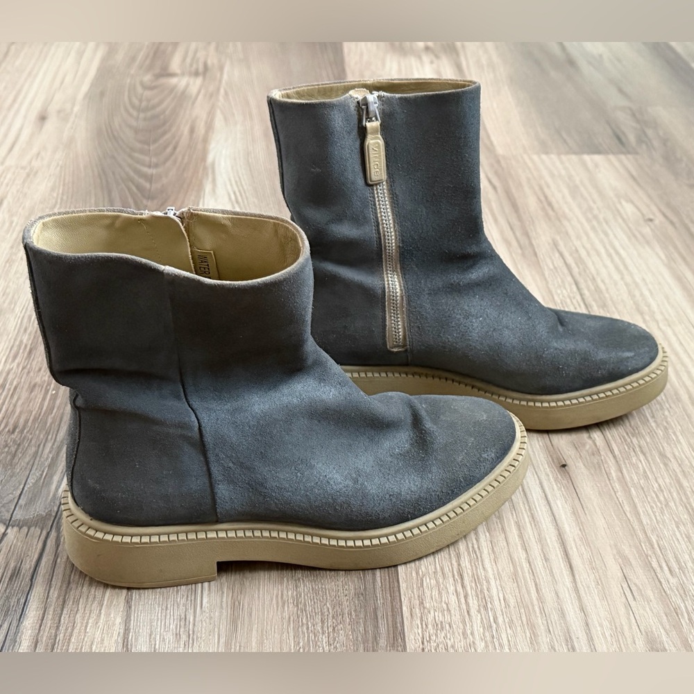 Vince Gray Suede Ankle Heeled Boots with Tan Sole